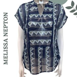 Boho Chic Ethnic Print Blouse by Melissa Nepton | Semi Sheer Short Sleeve | XS